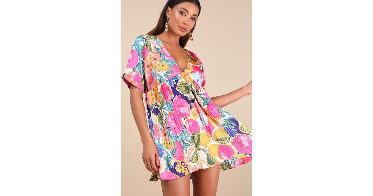 Lulus Express Yourself Multi Floral Print Satin Babydoll Dress in Pink |  Lyst UK