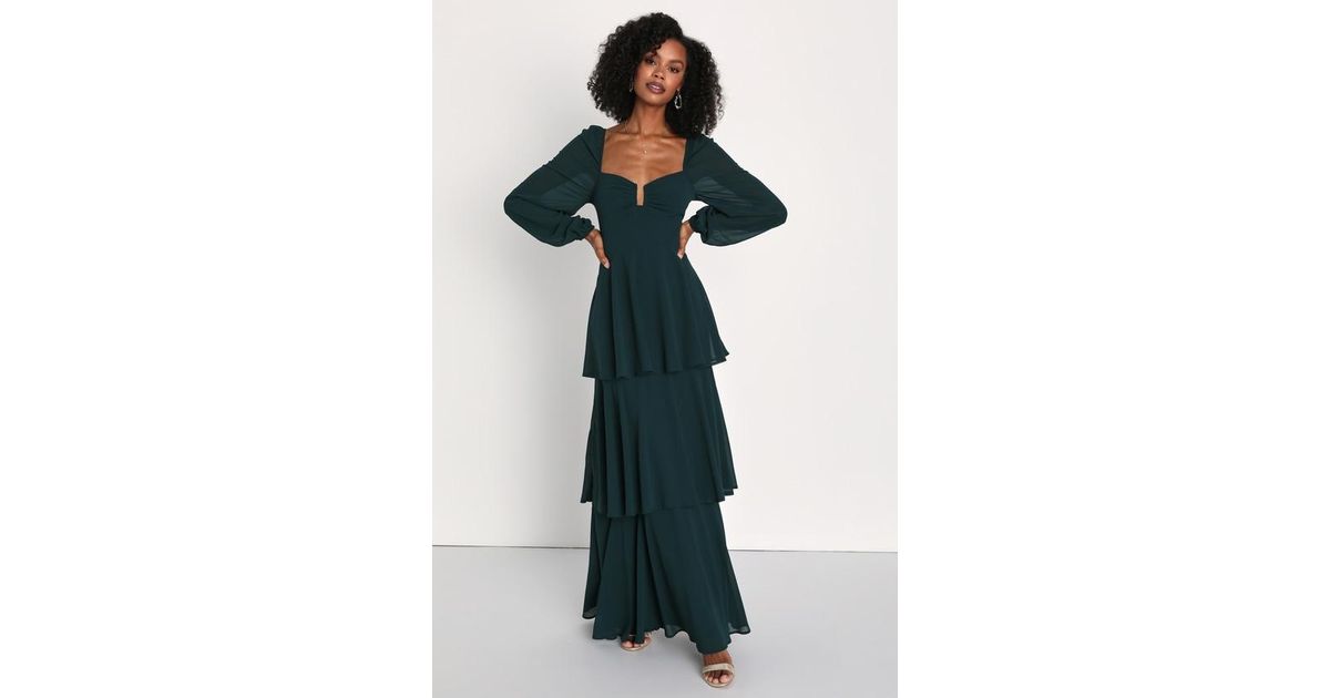 Lulus Tier To Enchant Long Sleeve Tiered Maxi Dress in Green | Lyst UK