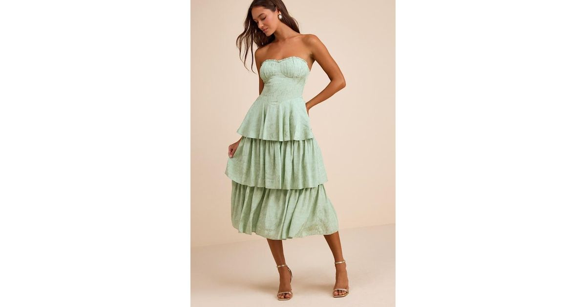 Lulus Beverly Jacquard Tiered Midi Dress in Green | Lyst