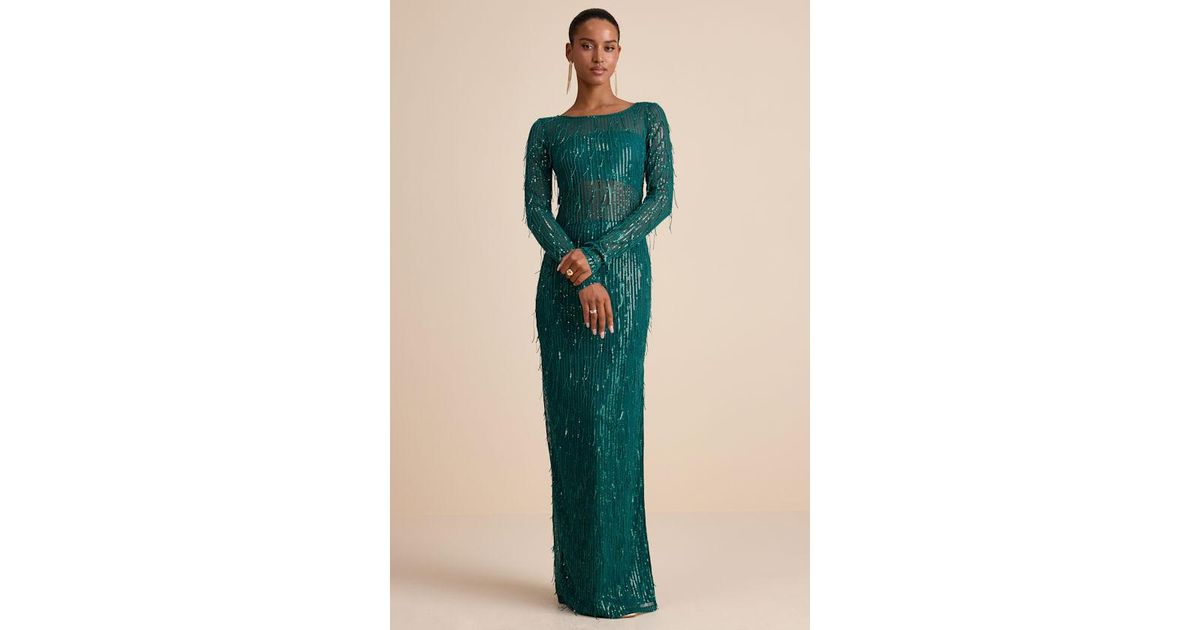 Lulus Sheer Fascination Emerald Sheer Mesh Sequin Fringe Maxi Dress in Green  | Lyst