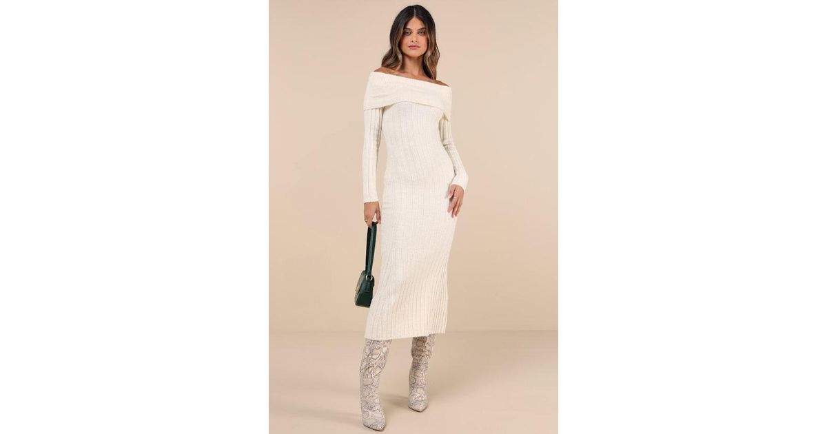 Glamorous Snuggly Aura Cream Ribbed Off-The-Shoulder Sweater Midi Dress in  Natural | Lyst