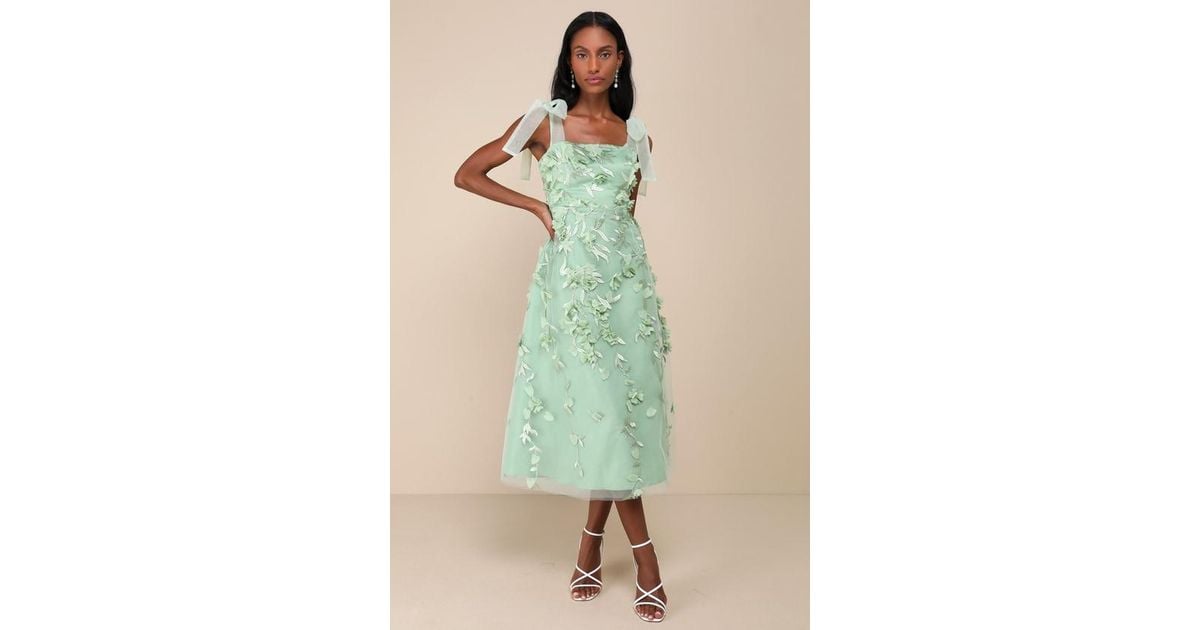 Sage Green Floral Dress Lulus Effortlessly Sweet Sage Tulle 3D Floral  Tie-Strap Midi Dress In Green Lyst UK