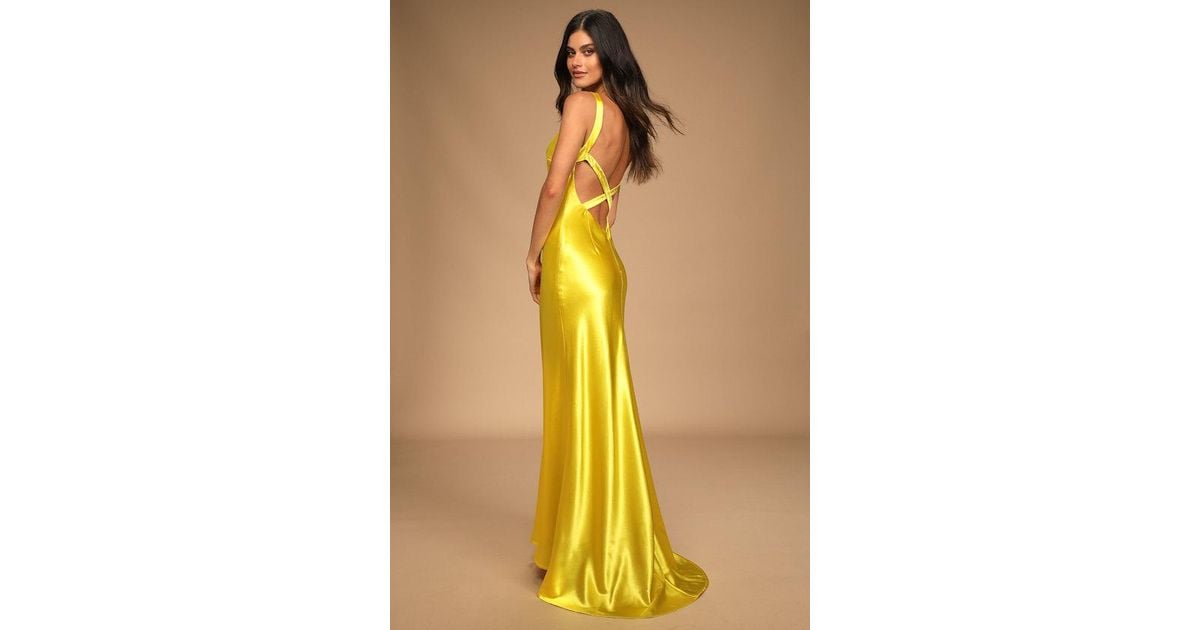 Lulus Perfectly Classy Satin Strappy Maxi Dress in Yellow | Lyst