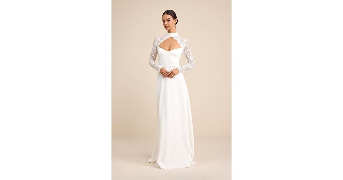 Lulus Keeley Lace Mock Neck Long Sleeve Maxi Dress in Natural | Lyst