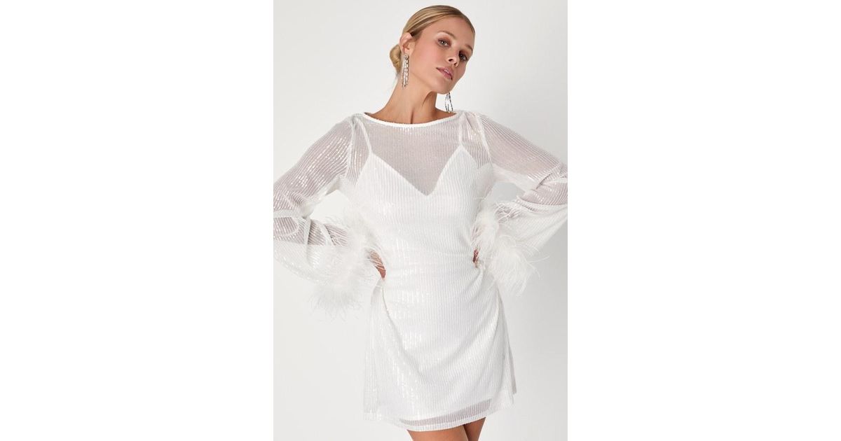 white glitter mesh dress Sequin Embellished Glitter Mesh Dress w/ Feather Accented Waistline