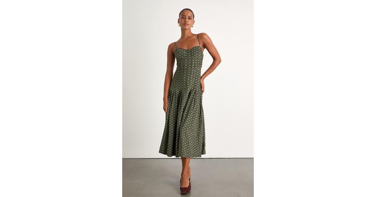 Lulus Joanna Floral Corduroy Drop Waist Midi Dress in Green | Lyst
