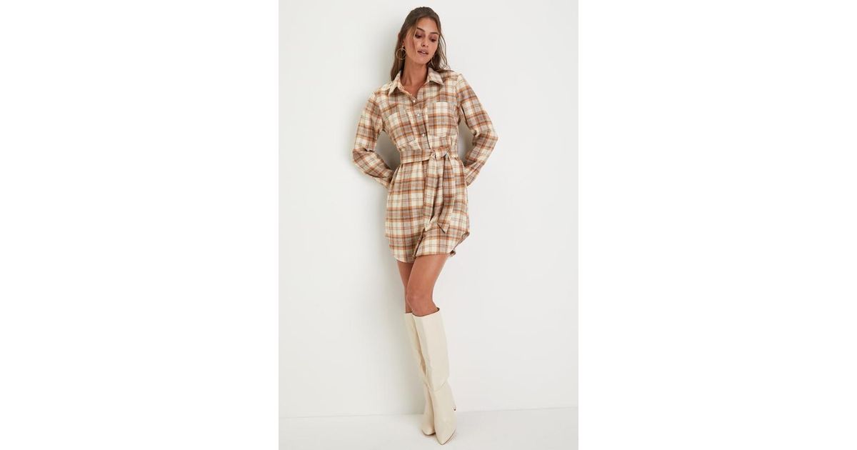 Lulus Plaid Behavior And Plaid Long Sleeve Mini Dress in Natural | Lyst