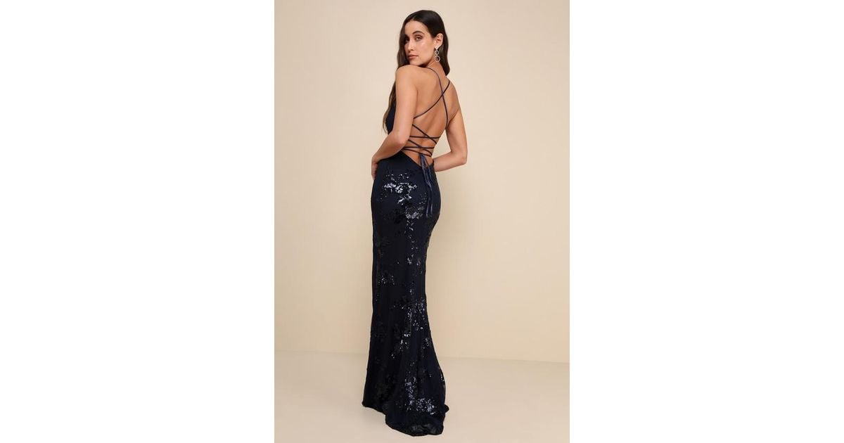 Lulus Valhalla Sequin Lace-Up Maxi Dress in Blue Lyst UK