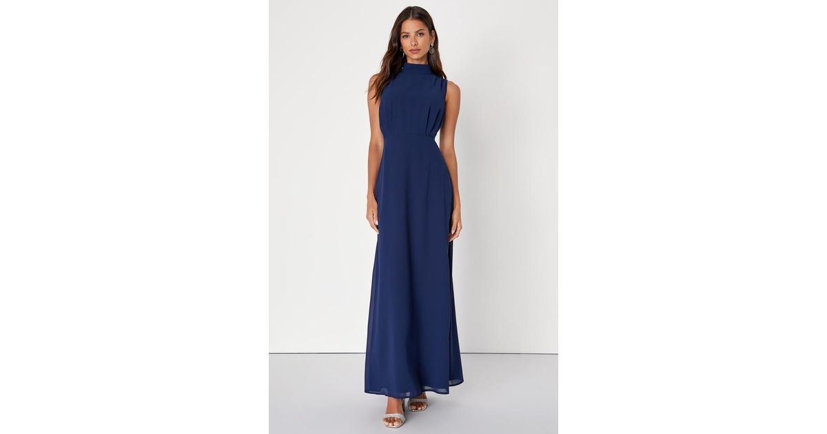 Lulus Classic Elegance Chiffon Sleeveless Mock Neck Maxi Dress in Blue