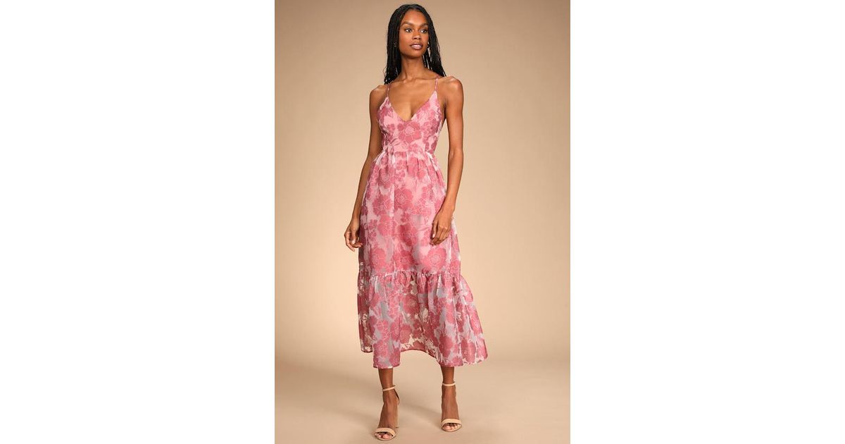 feeling like forever rose jacquard organza lace-up midi dress Lulus Feeling Like Forever Rose Jacquard Organza Lace-Up Midi Dress in Pink