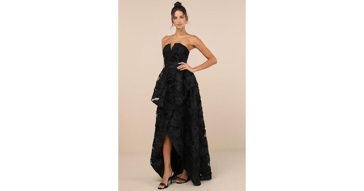 Lulus Majestic Glam Black ウェディング ハイロー マキシドレス Lulus Majestic Glam Strapless Textured High-Low Maxi Dress