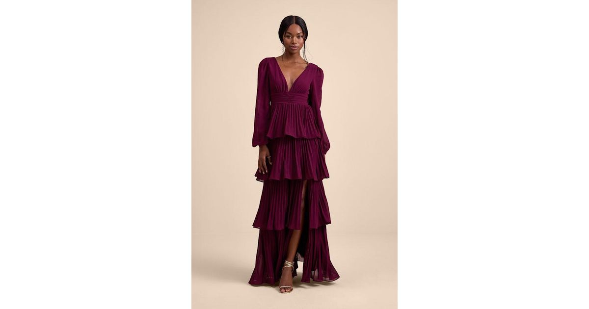 Lulus Graceful Finesse Plum Pleated Long Sleeve Maxi Dress in Purple | Lyst