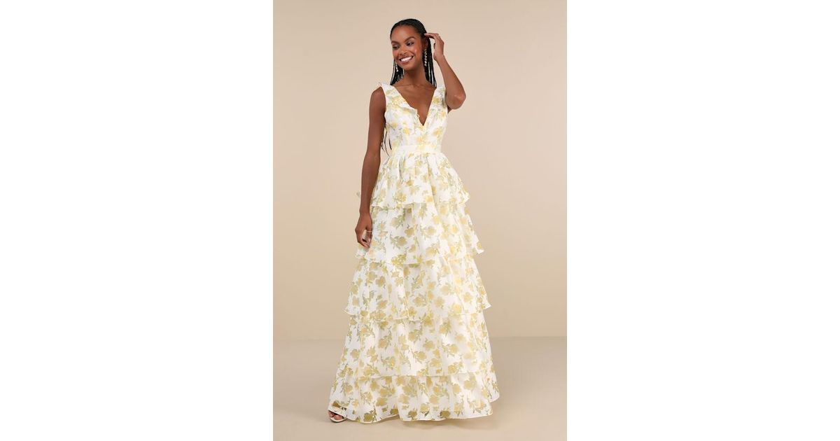 Lulus Aesthetic Aura Ivory And Floral Burnout Tiered Maxi Dress in Natural  | Lyst
