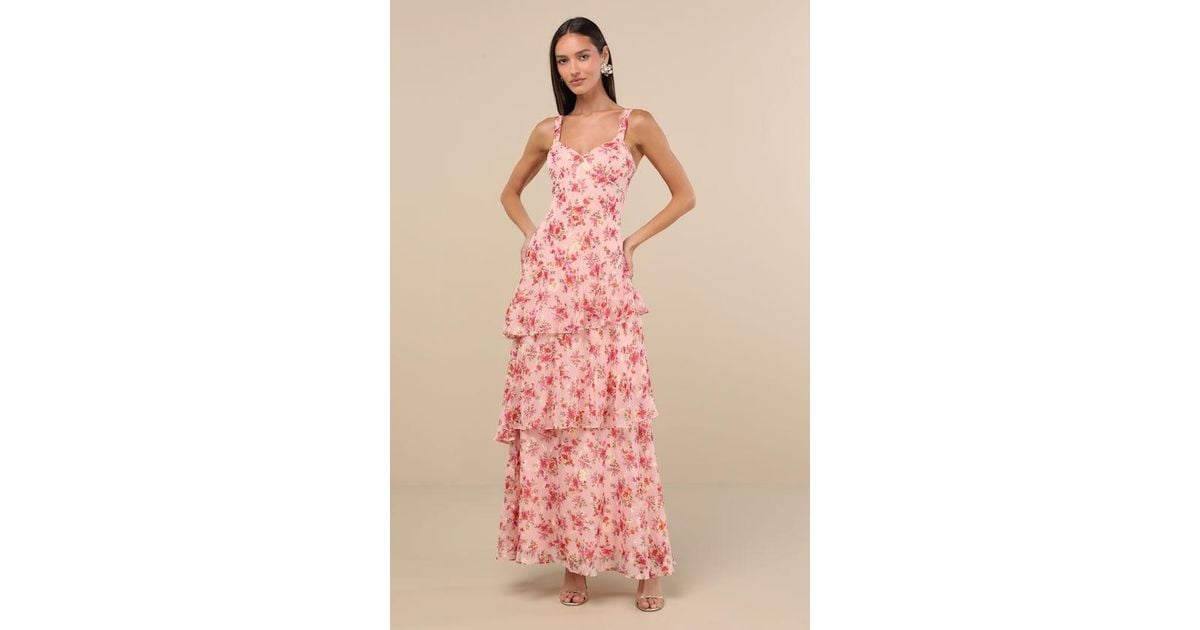 Lulus Laurette Floral Tiered Sleeveless Maxi Dress in Pink | Lyst UK