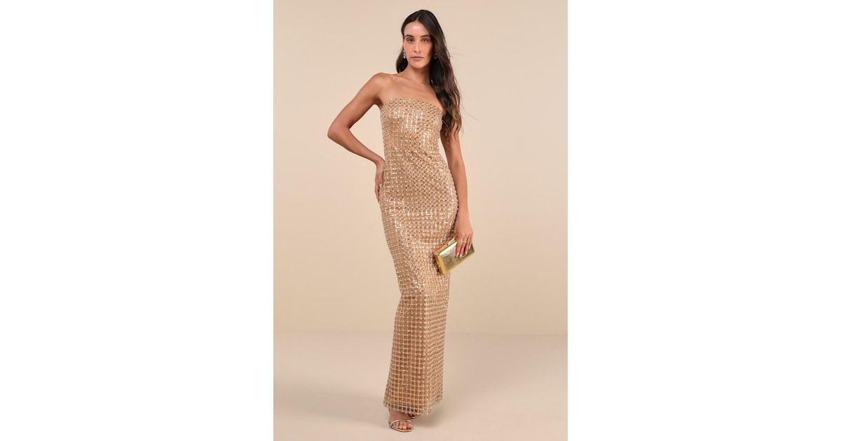 Lulus Perfectly Luxurious Pearl Strapless Maxi Dress in Brown | Lyst Lulus Perfectly Luxurious Pearl Strapless Maxi Dress in Brown | Lyst