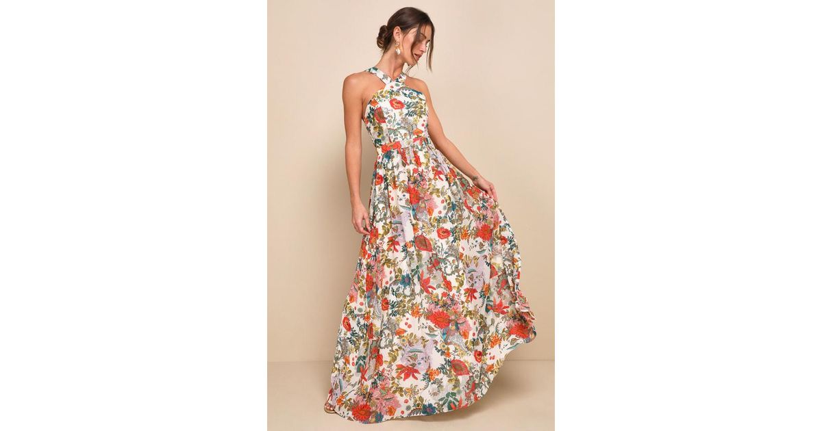 Lulus Lilja Cream Floral Print Maxi Dress in Natural | Lyst UK