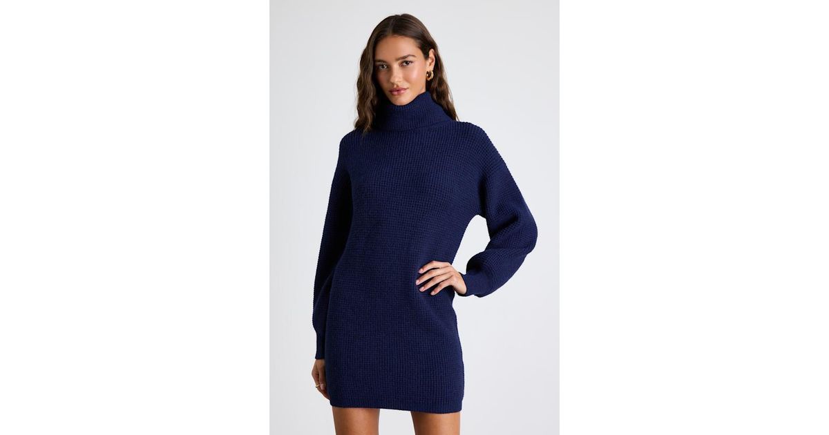 Lulus Casual Coziness Waffle Knit Cowl Neck Sweater Dress in Blue