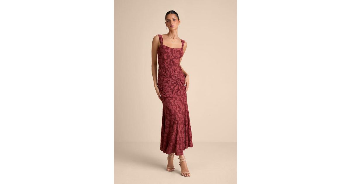 Lace Reviews Lulus Clothing Lulus Celeste Floral Burnout Bustier Maxi Dress  In Red Lyst UK