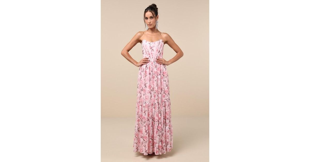 Lulus Special Moment Floral Strapless Bustier Maxi Dress in Pink | Lyst