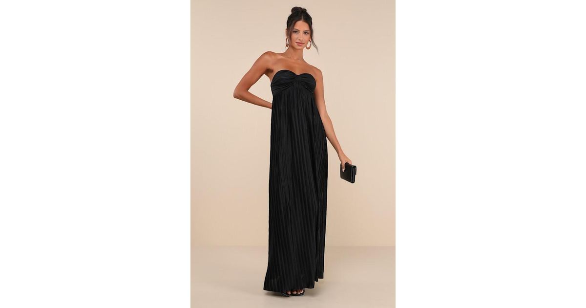 whimsical beauty black satin plisse strapless maxi dress Lulus Whimsical Beauty Satin Plisse Strapless Maxi Dress in Black
