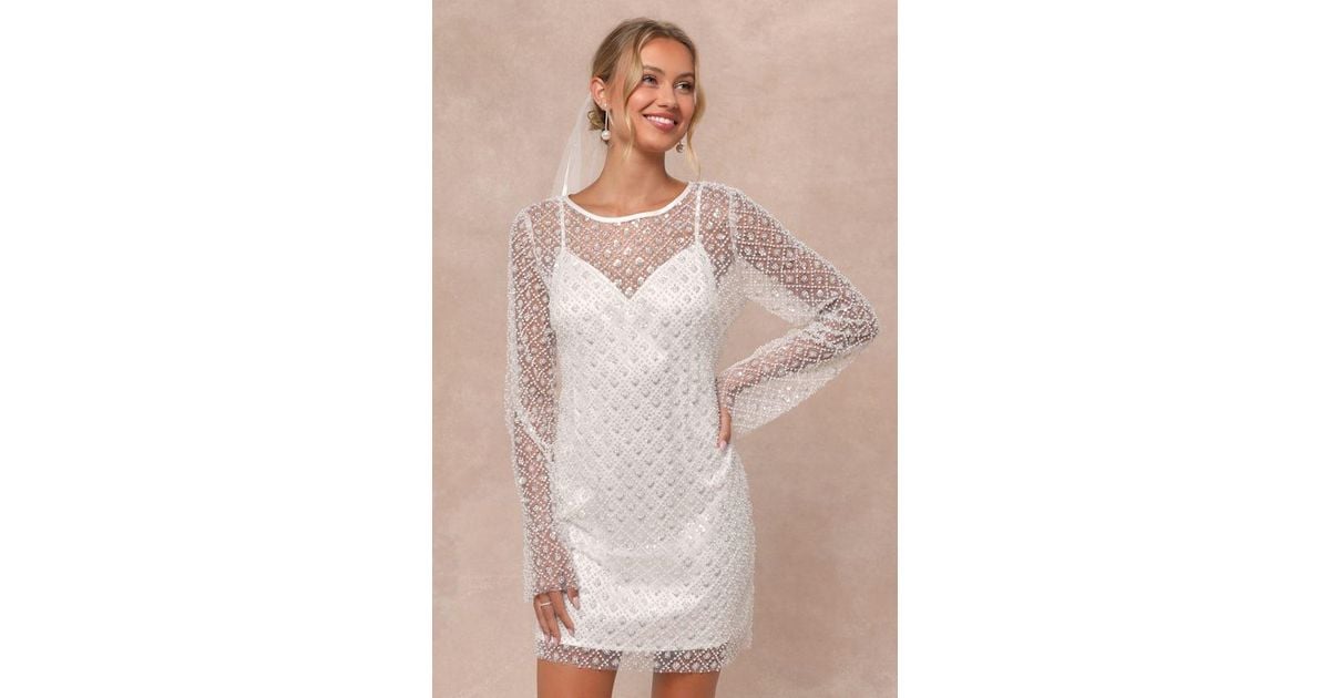 Lulus Glowing Charisma Sequin Pearl Mesh Long Sleeve Mini Dress in Natural  | Lyst