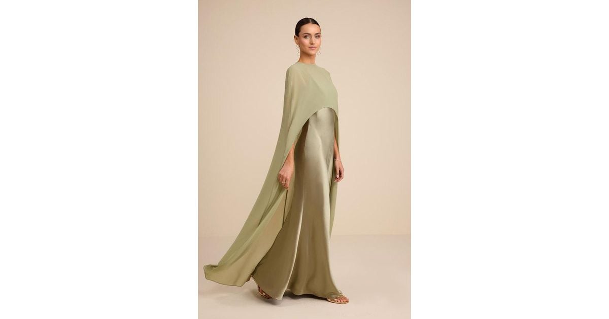 Lulus Cavana Sage Satin Cape Maxi Dress in Natural | Lyst