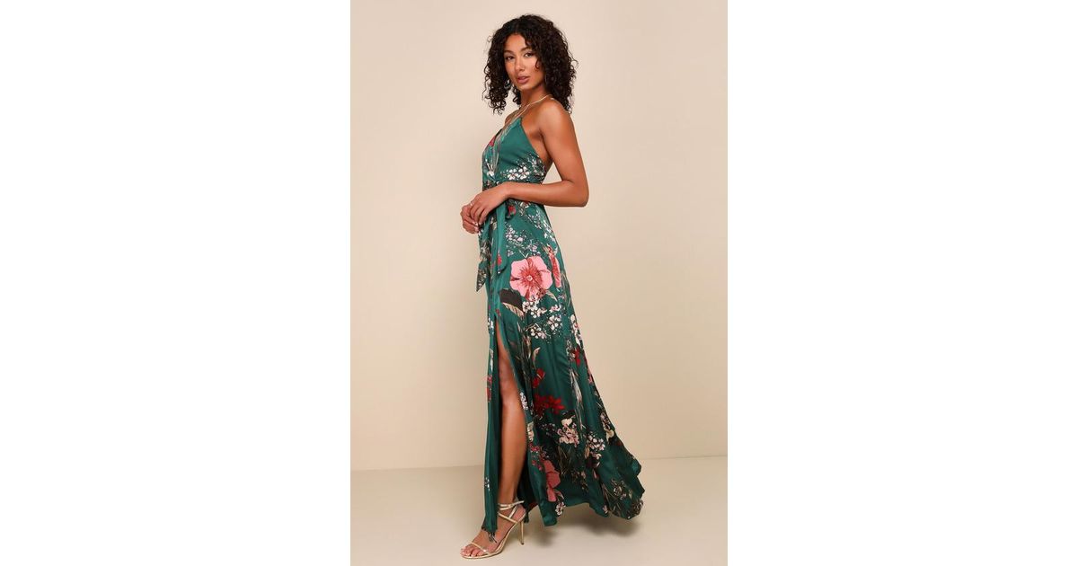 Lulus Still The One Floral Print Satin Maxi Dress in Blue