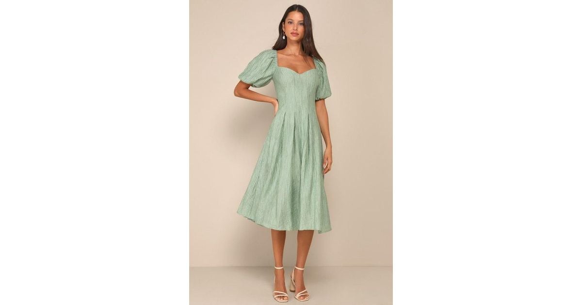 Lulus Heavenly Energy Sage Textured Puff Sleeve Pleated Midi Dress in Green  | Lyst