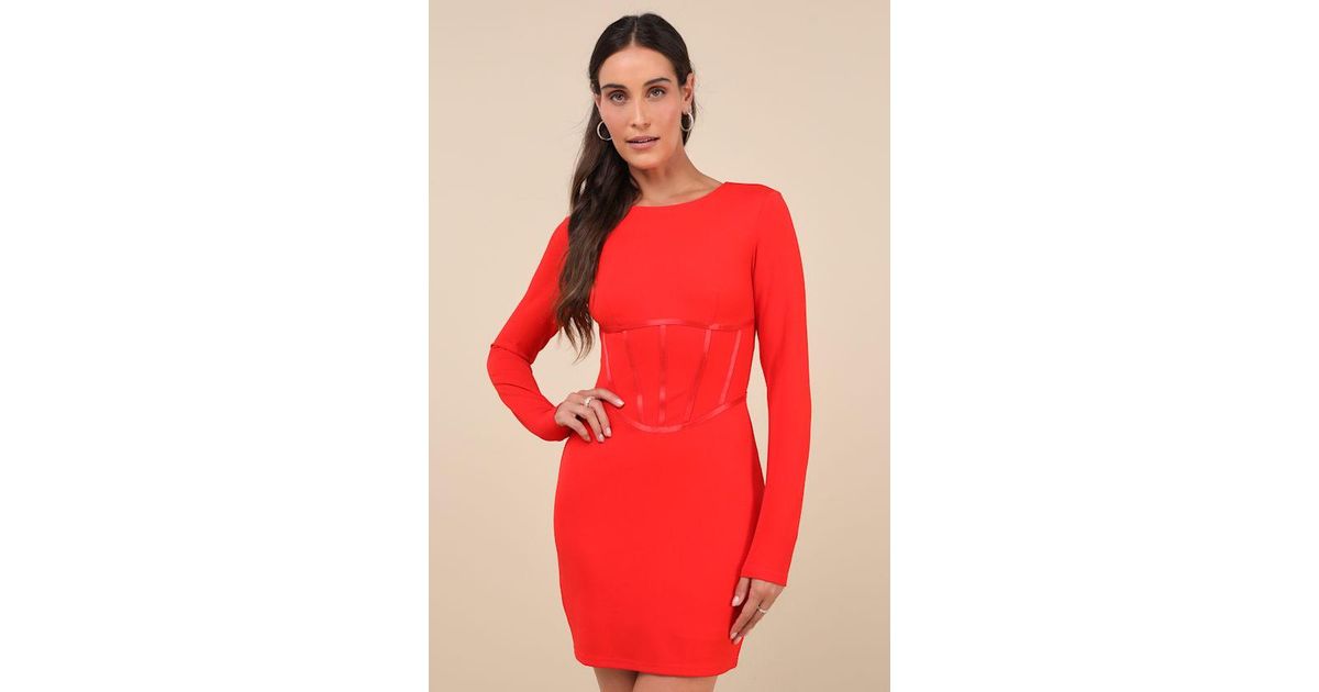 Lulus Confident Queen Long Sleeve Corset Bodycon Mini Dress in Red | Lyst UK