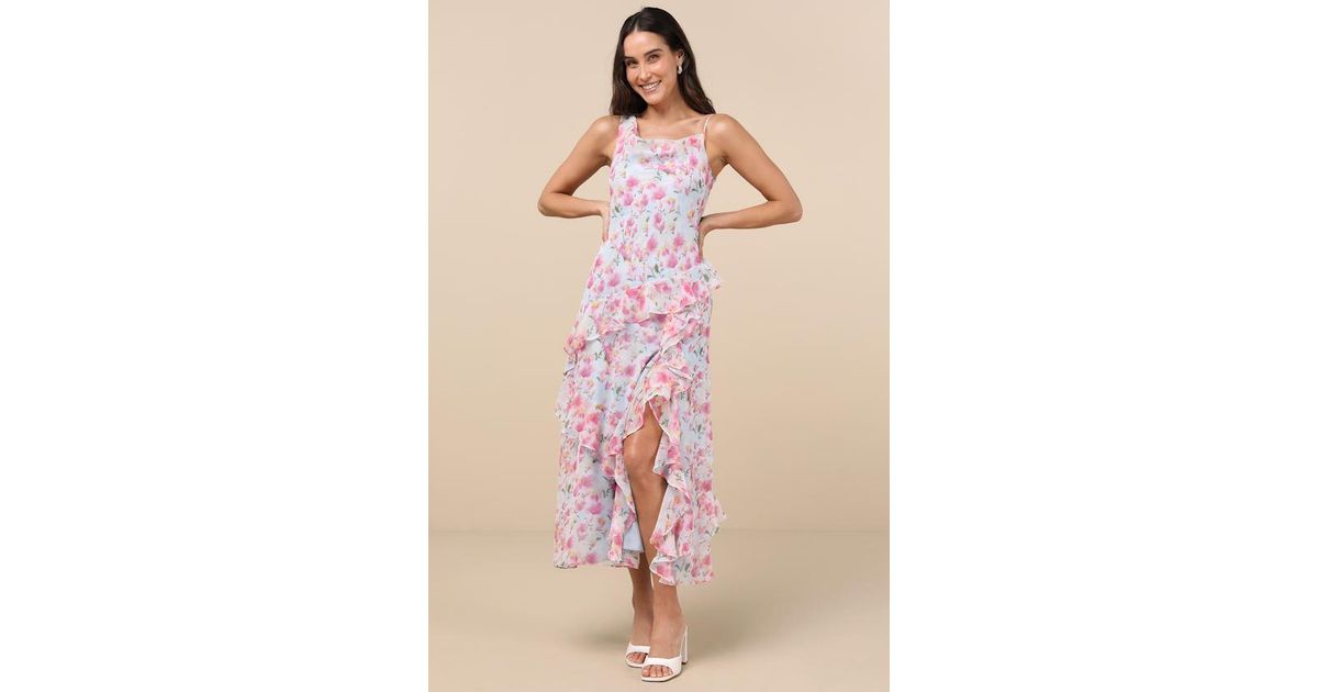 astr flutter sleeve asymmetrical floral maxi dress ASTR the Label | Revery Floral Long Sleeve Maxi Dress in Plus Size - Cream Pink Floral main image 1
