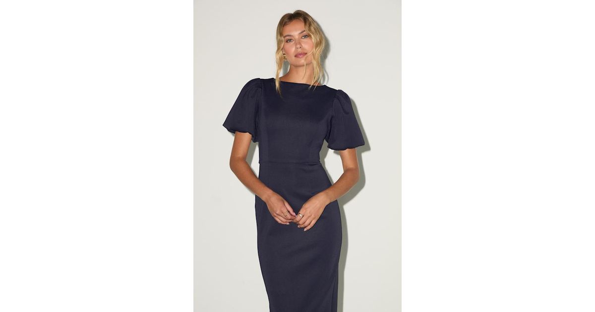 Lulus Simply Beloved Puff Sleeve Bodycon Midi Dress in Blue | Lyst
