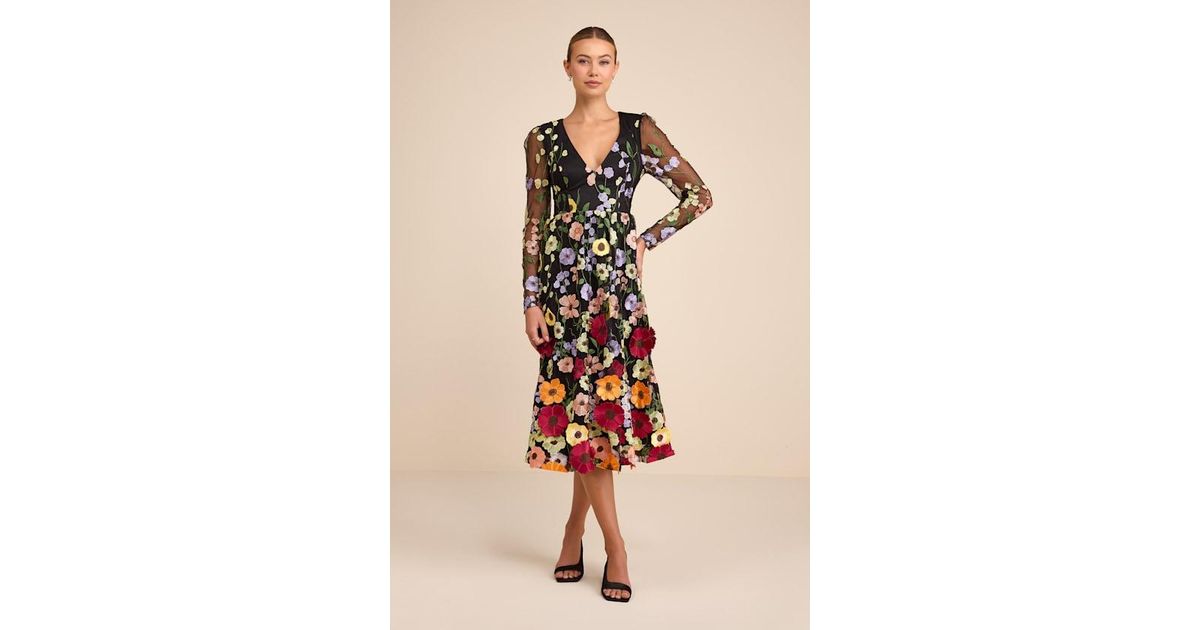 Lulus Impressive Blossom 3D Floral Embroidered Midi Dress in Black | Lyst UK