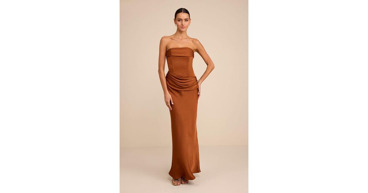 Lulus Verbena Bronze Satin Draped Strapless Maxi Dress in Natural | Lyst UK