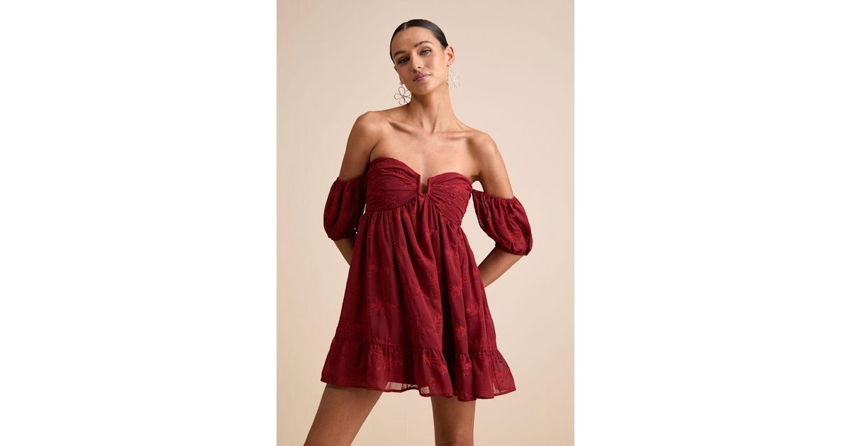 Lulus Cutest Icon Embroidered Off-The-Shoulder Mini Dress | Lyst