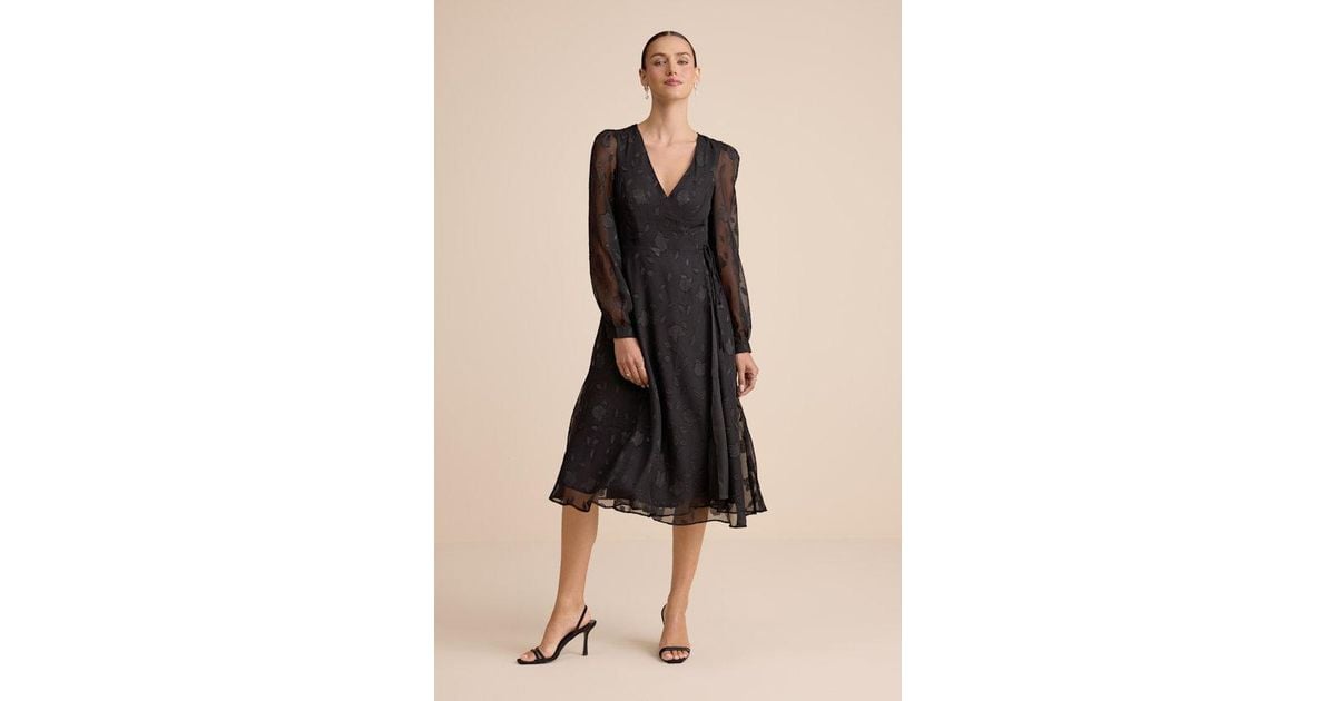 knee length dresses for ladies Black Floral Jacquard Scallop Hem Midi Dress - All Dresses