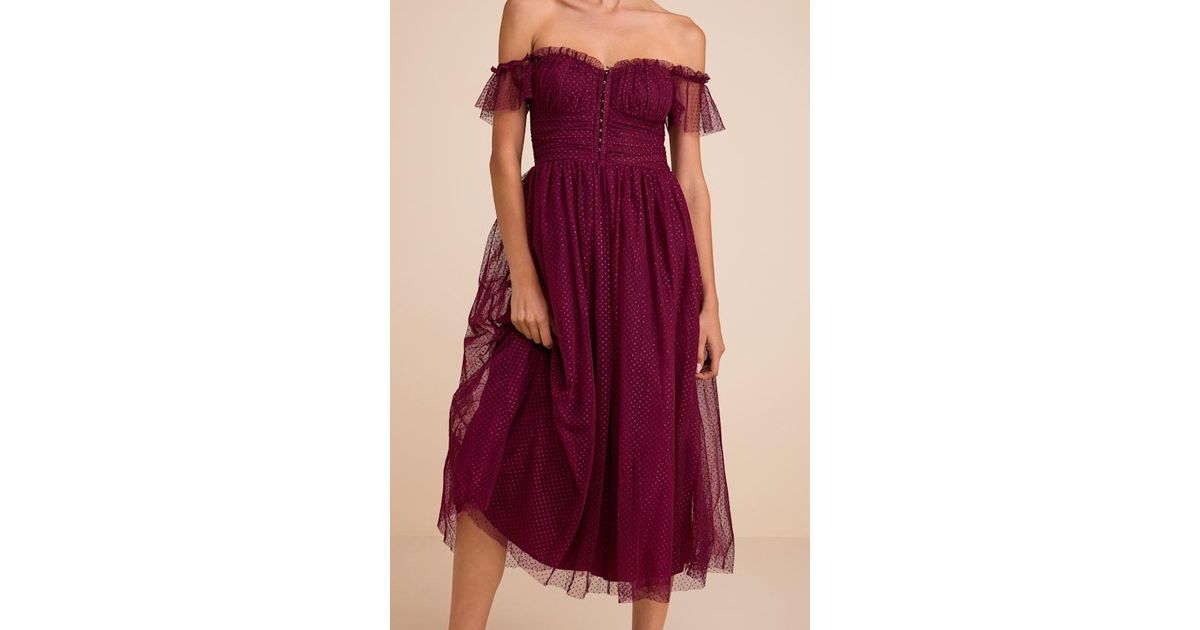 regal radiance burgundy tulle bustier midi dress Lulus in Red Hang To Dry