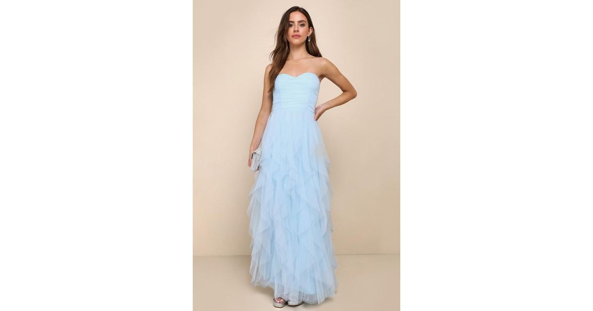 delightful beauty light blue mesh strapless ruffled mini dress Baby Blue Strapless Mini Dress Delightful Beauty Light Blue Mesh Strapless Ruffled Mini Dress