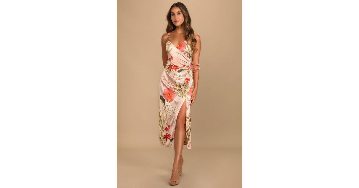 remarkable entrance pink floral print satin midi dress Lulus Remarkable Entrance Floral Print Satin Midi Dress in Natural
