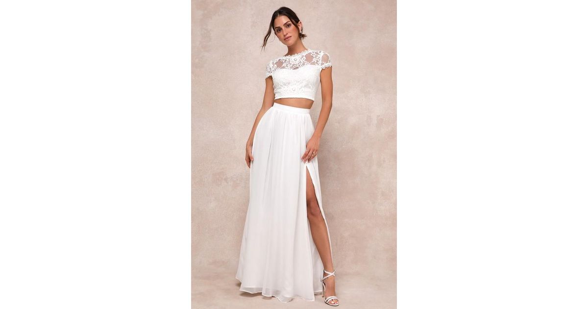 sweet stunner white lace two-piece maxi dress Lulus Sweet Stunner Lace Two-Piece Maxi Dress in Natural