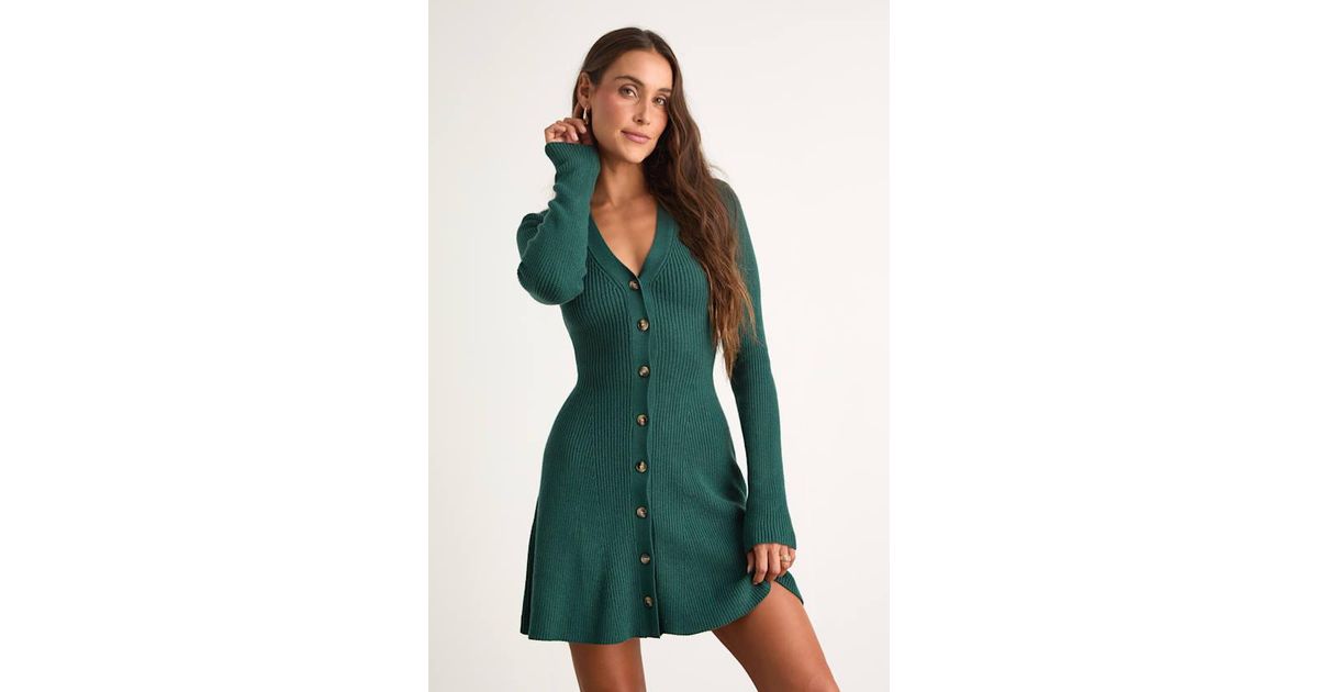 Lulus Adorably Flirty Emerald Button-Front Sweater Mini Dress in Green |  Lyst