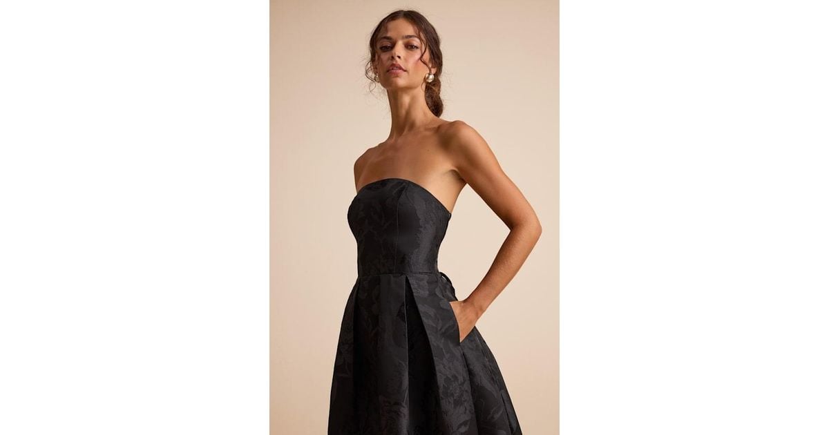 laurelin black floral jacquard pleated strapless maxi dress Lulus Laurelin Floral Jacquard Pleated Strapless Maxi Dress in Black
