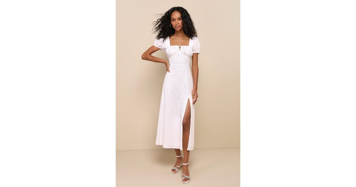 Lulus Beloved Darling & Polka Dot Embroidered Midi Dress in Natural | Lyst