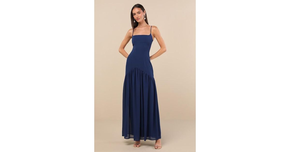 Lulus Auria Chiffon Drop Waist Maxi Dress in Blue | Lyst