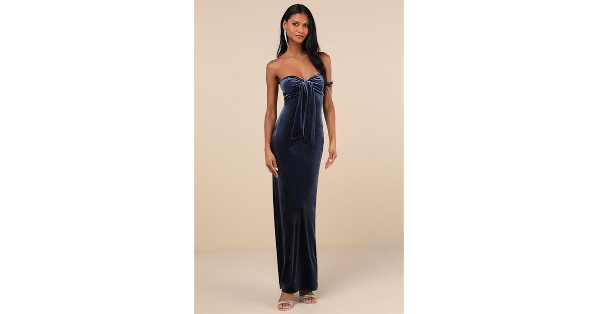 Lulus Divine Existence Velvet Tie-Front Strapless Maxi Dress in Blue | Lyst