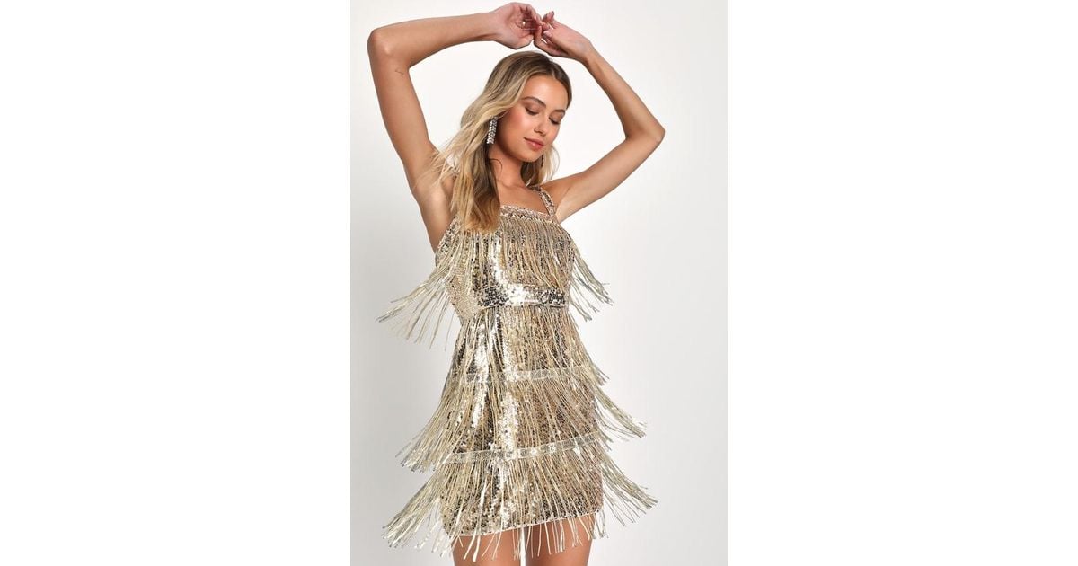 Lulus Fringe Fashion Sequin Fringe Bodycon Mini Dress in Metallic