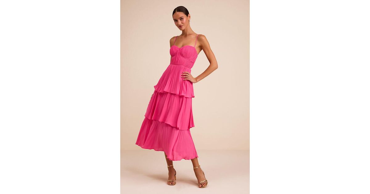 cascading crush hot pink tiered bustier midi dress Lulus in Fall Fashion Dress