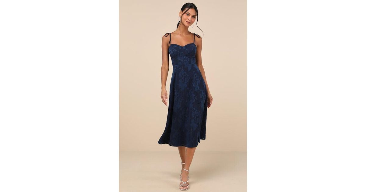 knee length dresses for ladies Blue Floral Tie Waist Midi Dress  Moda Boutique