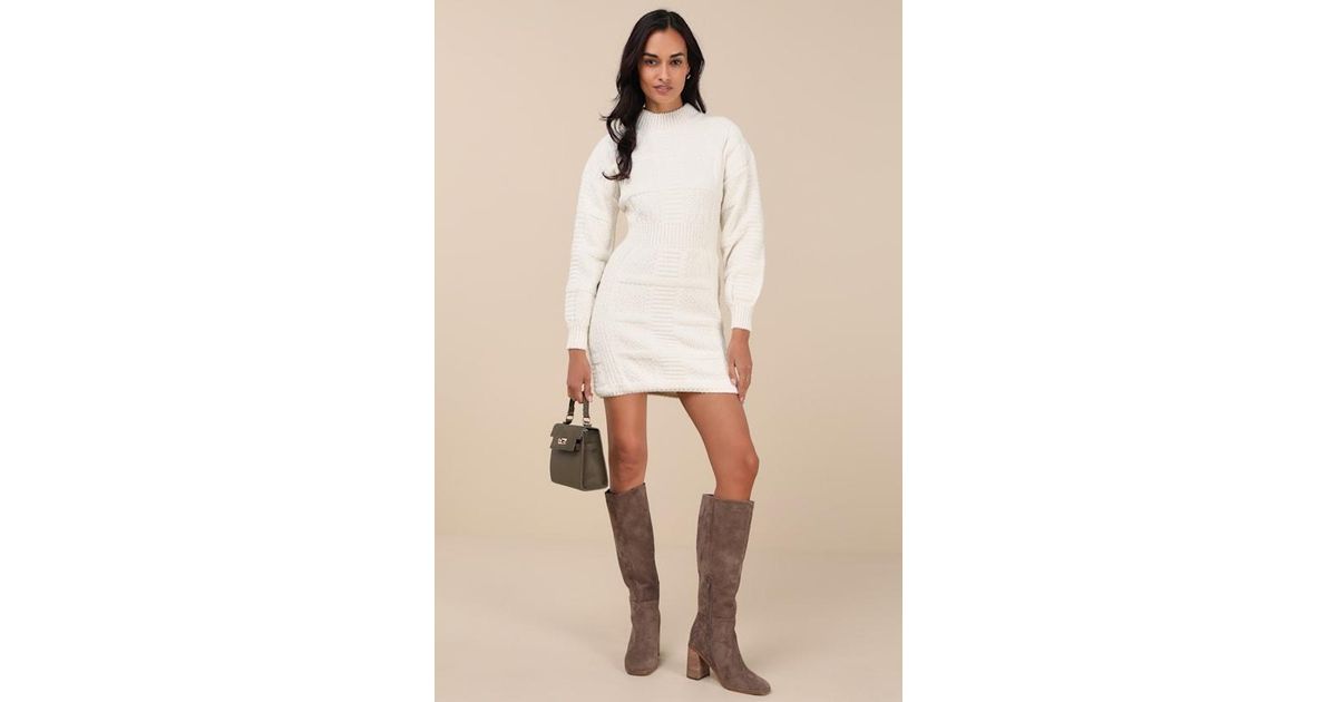 Lulus Patchwork It Cream Cable Knit Cutout Sweater Dress in Natural | Lyst  UK