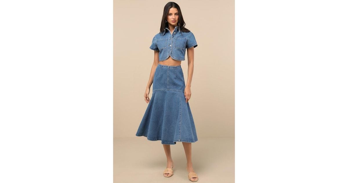 Rare London Nerea Wash Denim Drop Waist Midi Skirt in Blue | Lyst UK