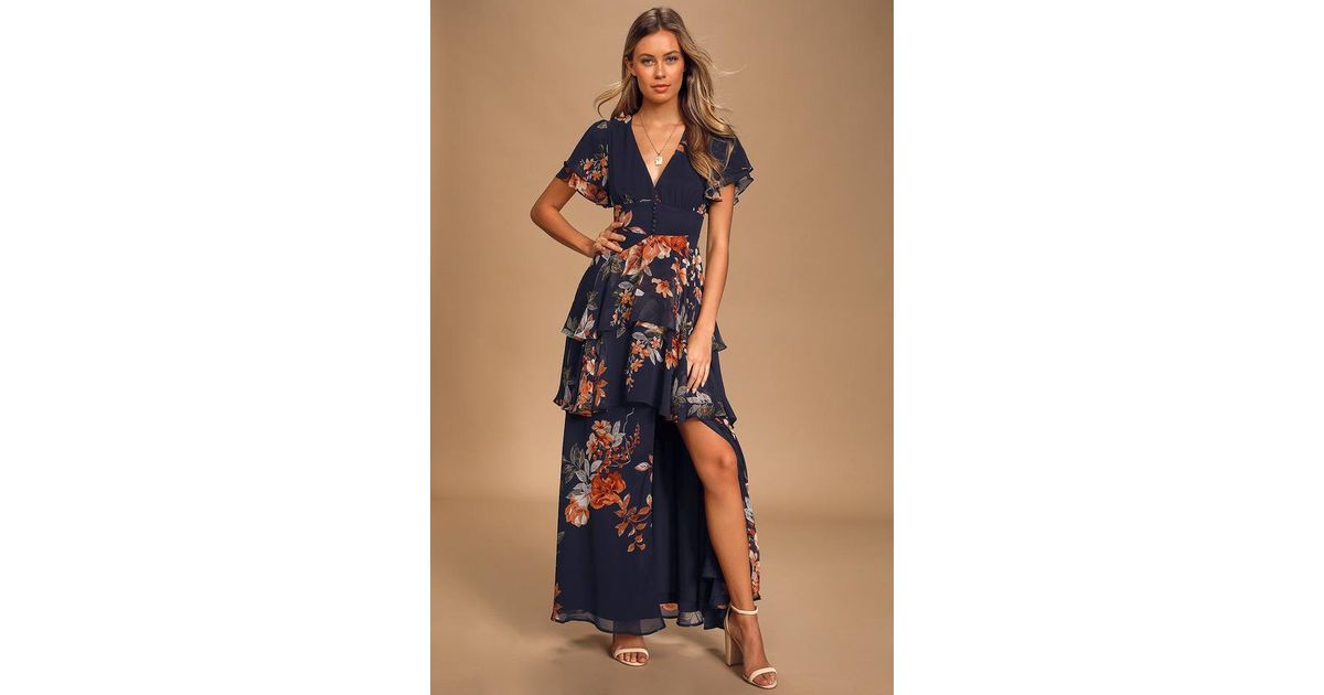 midnight mood navy blue floral print tiered maxi dress Navy Floral Print Blue Floral Wrap Maxi Dress Long Navy Floral Dress Midnight Mood Navy Blue